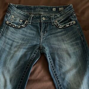 Miss Me Boot Cut Jeans with Sequin Pocket Detail - Blue Wash